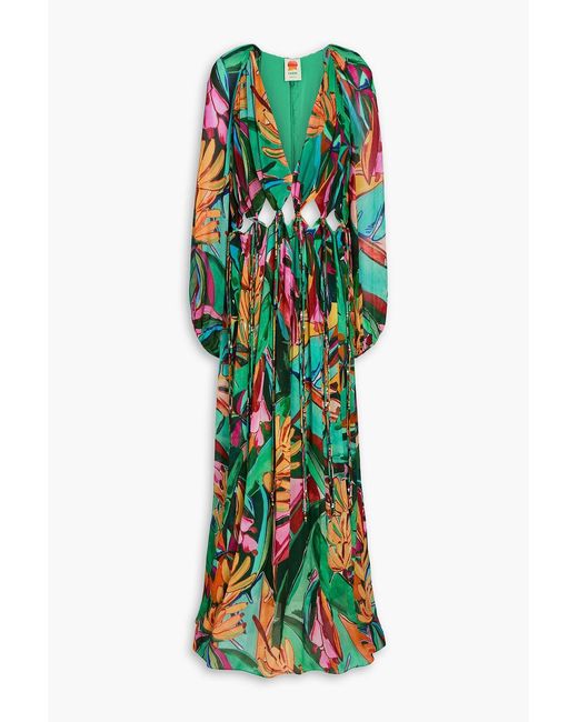 Farm Rio Green Embellished Cutout Printed Georgette Maxi Dress