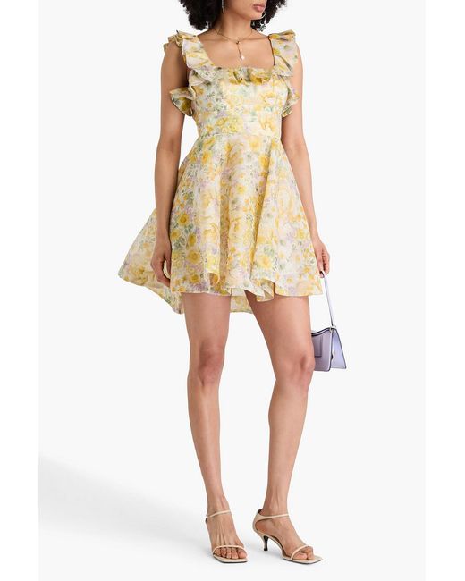 Zimmermann Yellow Ruffled Floral-print Linen And Silk-blend Gauze Mini Dress