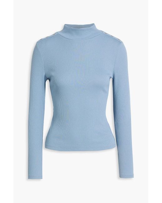Veronica Beard Blue Nate Ribbed Stretch-Pima Cotton-Jersey Turtleneck Top
