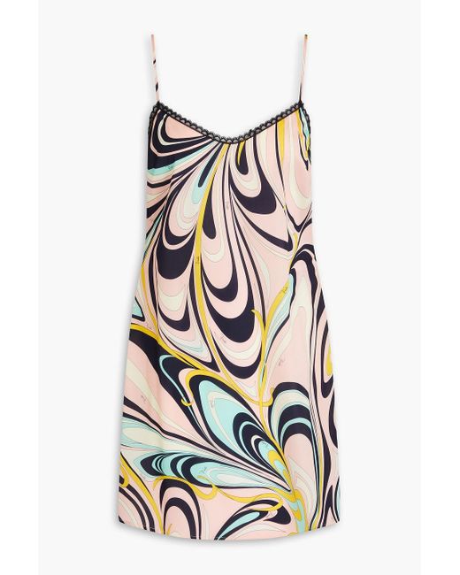 Emilio Pucci White Lace-trimmed Printed Silk-blend Satin Chemise