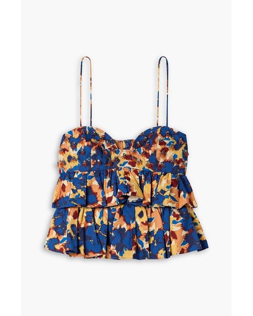 Ulla Johnson Blue Lucia Ruffled Embellished Printed Cotton-Poplin Top