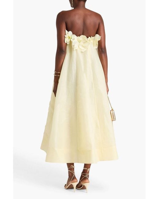 Zimmermann Strapless Floral-Appliqud Linen And Silk-Blend Midi Dress in Yellow | Lyst Zimmermann Strapless Floral-Appliqud Linen And Silk-Blend Midi Dress in Yellow | Lyst