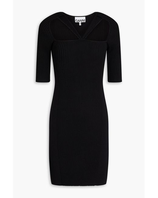Ganni Black Cutout Ribbed-knit Mini Dress