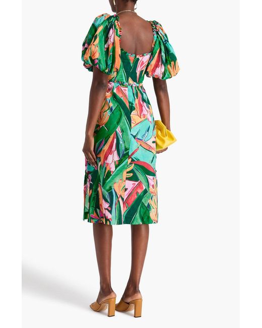 Farm Rio Green Ruffled Printed Cotton-Blend Midi Dress