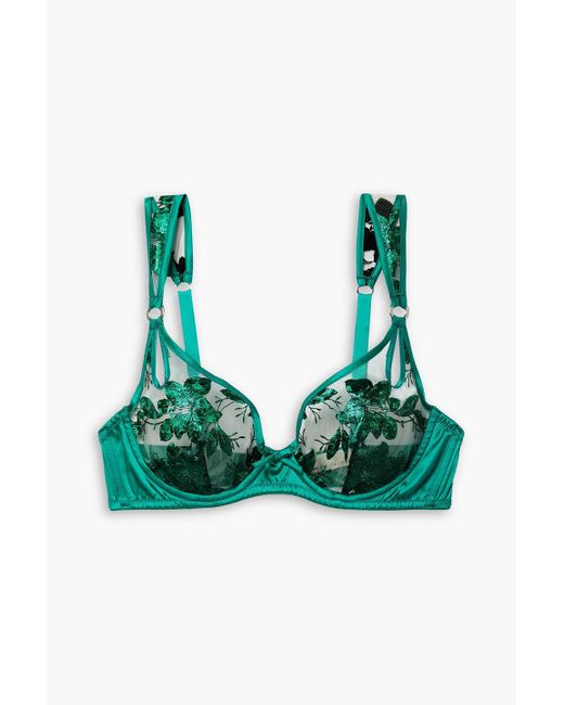 Fleur du Mal Green Bügel-bh aus satin aus einer seidenmischung und tüll mit metallic-stickereien