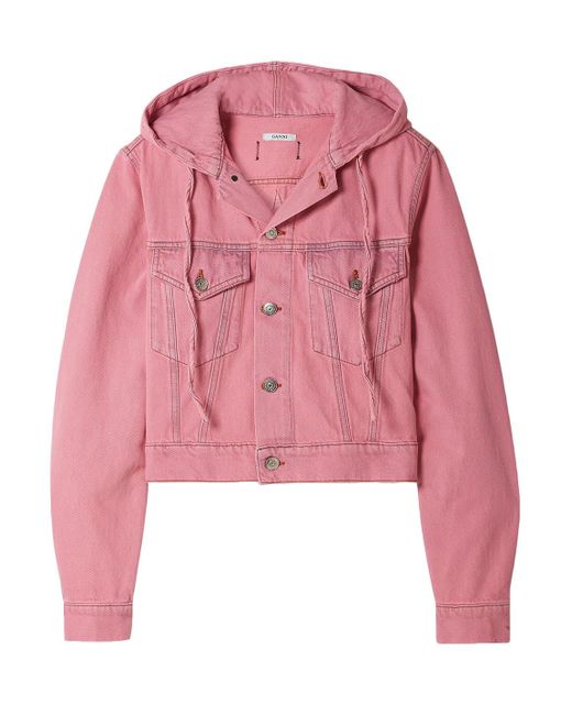 Ganni Hooded Cropped Denim Jacket in Bubblegum (Pink) | Lyst