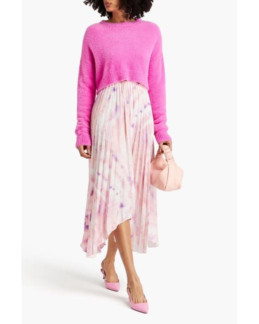 Maje Pink Asymmetric Pleated Printed Satin Midi Skirt