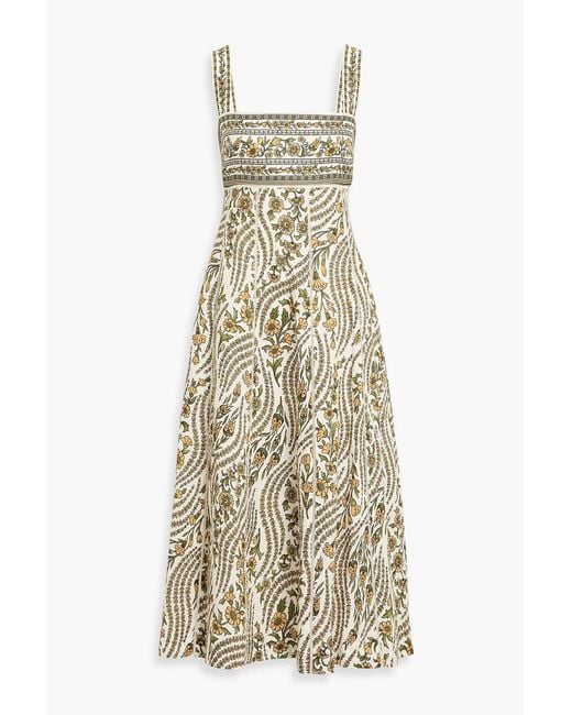 Veronica Beard Natural Rye Tie-Back Floral-Print Linen Midi Dress