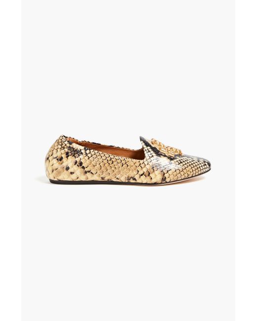Tory Burch White Embellished Snake-effect Leather Flats