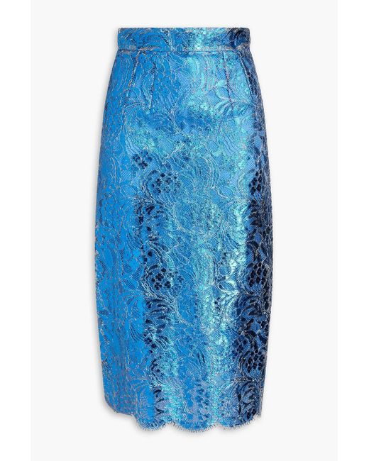 Dolce & Gabbana Blue Metallic Coated Corded Lace Midi Pencil Skirt