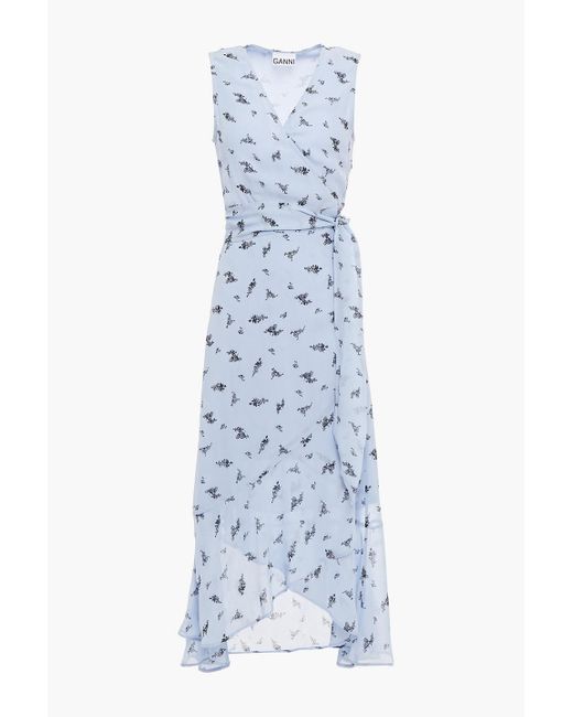 Ganni Blue Ruffled Floral-print Georgette Midi Wrap Dress