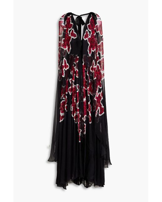 Zuhair Murad Black Cape-effect Floral-print Silk-chiffon Gown