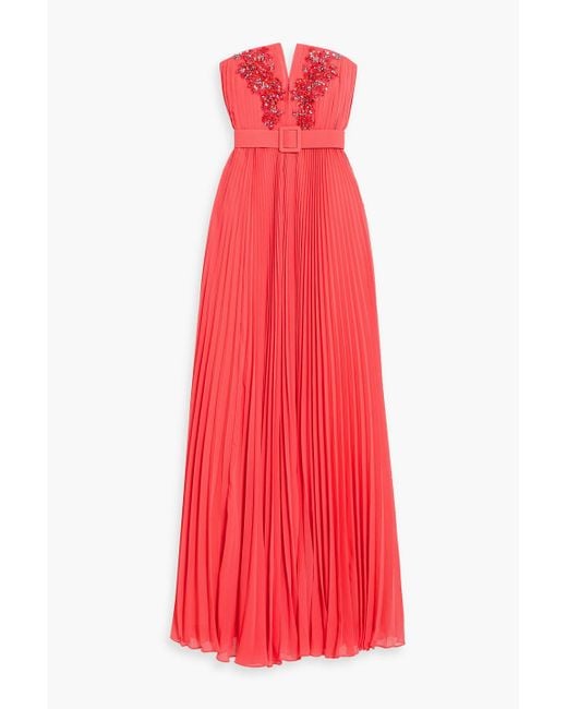 Badgley Mischka Red Strapless Embellished Pleated Chiffon Gown