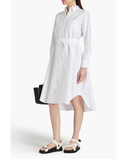Thom Browne White Belted Cotton Oxford Midi Shirt Dress