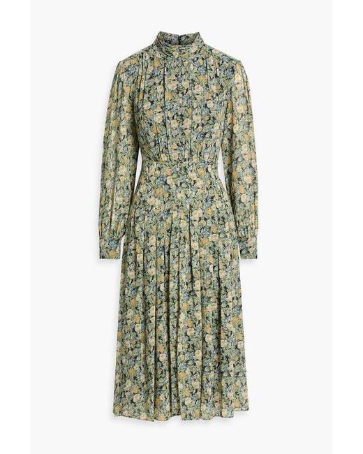 Mikael Aghal Green Pleated Floral-Print Crepe Midi Dress