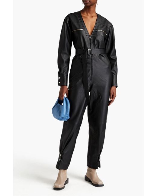 REMAIN Birger Christensen Black Suzanne Belted Leather Jumpsuit