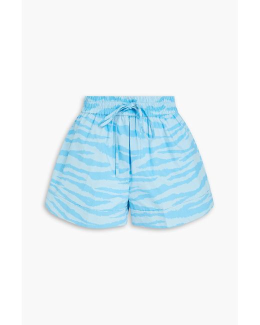 Ganni Blue Zebra-print Cotton-poplin Shorts