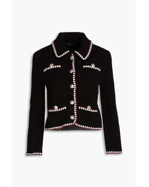 Maje Black Muscado Embroidered Ribbed-knit Cardigan