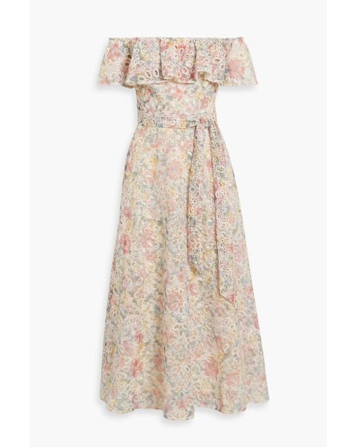 Mikael Aghal Natural Off-The-Shoulder Printed Broderie Anglaise Midi Dress