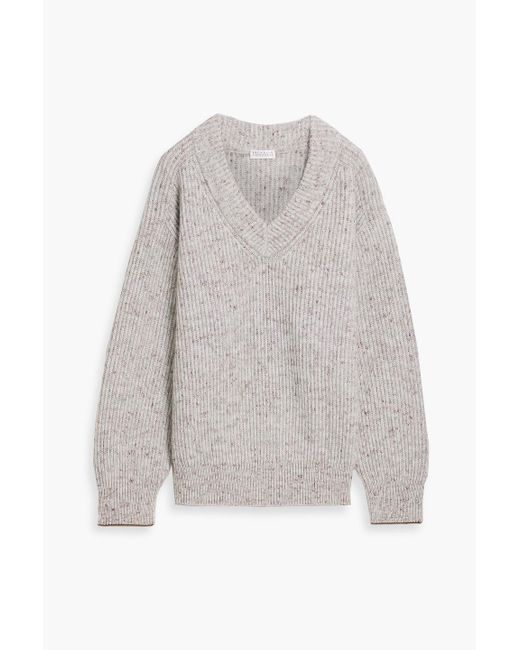 Brunello Cucinelli White Donegal Ribbed Wool-Blend Sweater