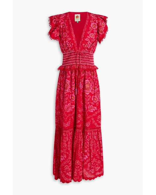 Farm Rio Red Olivia Embellished Floral-Print Swiss-Dot Cotton Maxi Dress