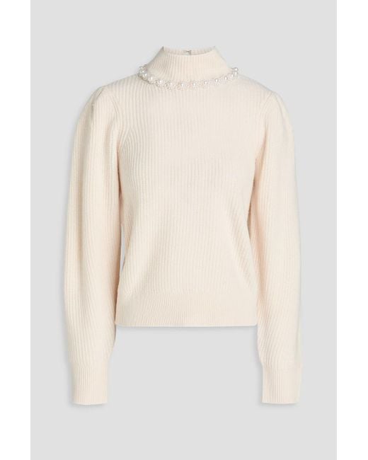 Sandro White Embellished Ribbed Wool And Cashmere-Blend Mock-Neck Sweater
