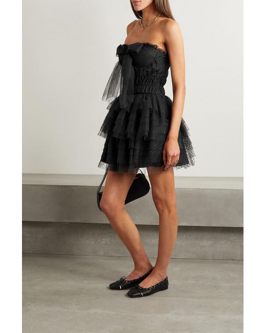 LoveShackFancy Black Faron gestuftes minikleid aus beflocktem tüll mit schleife