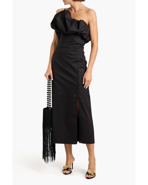 Johanna Ortiz Black Noche Habanera One-Shoulder Cotton-Blend Poplin Midi Dress