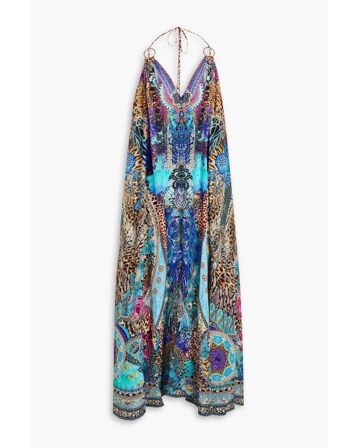 Camilla Blue Embellished Printed Silk Crepe De Chine Maxi Dress