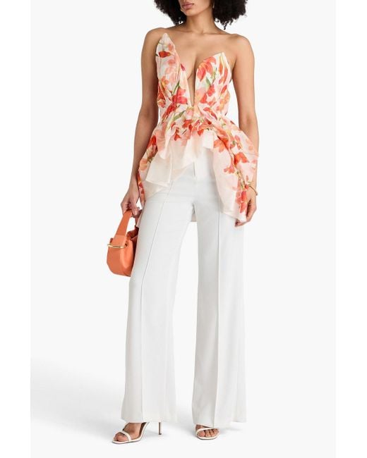 Zimmermann Red Strapless Floral-Print Linen And Silk-Blend Peplum Top
