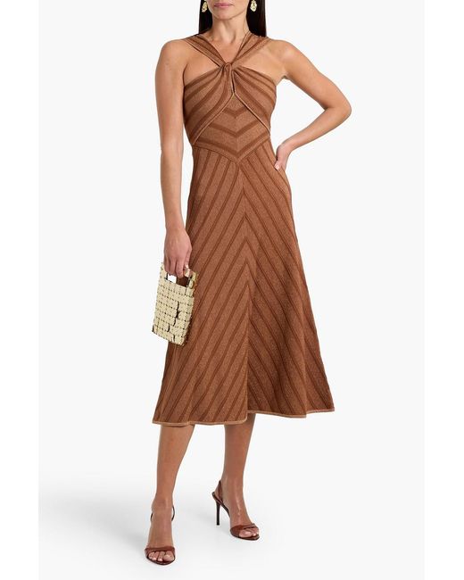 Zimmermann Brown Striped Stretch-Knit Halterneck Midi Dress