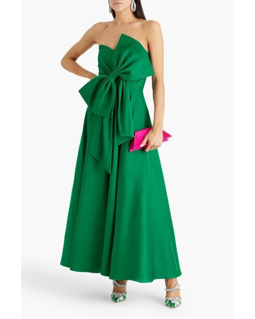 Badgley Mischka Green Strapless Bow-Detailed Satin-Twill Gown