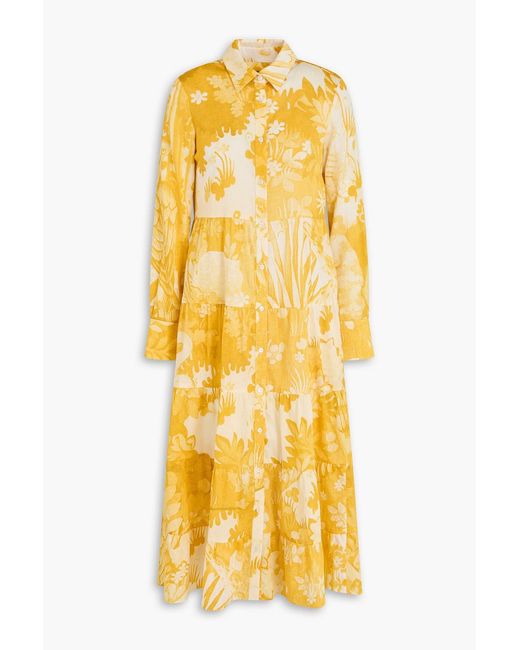 Erdem Yellow Tiered Floral-Print Cotton Midi Shirt Dress