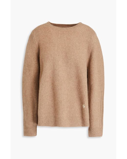 Tory Burch Brown Embroidered Ribbed Cashmere Sweater