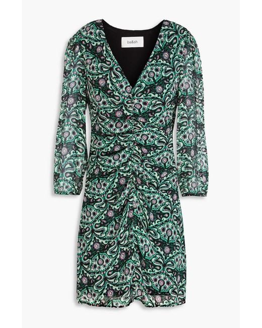 Ba&sh Green Ruched Crepon Mini Dress