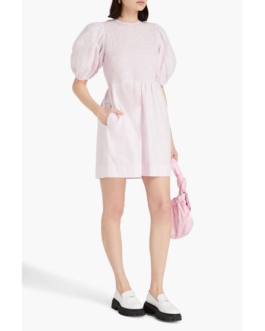 Ganni Pink Shirred Cotton-poplin Mini Dress
