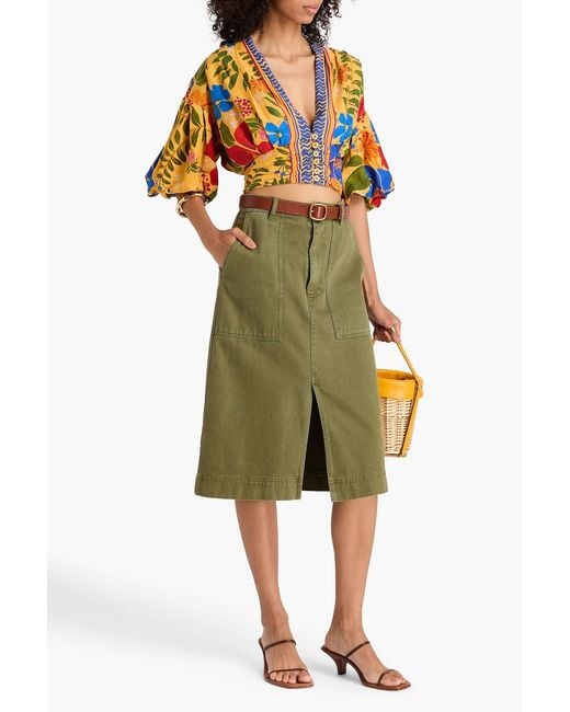Farm Rio Orange Cropped Floral-Print Linen-Blend Top