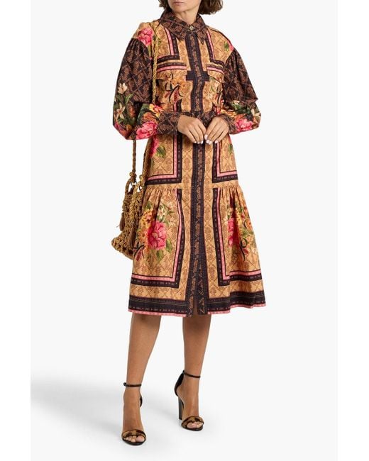 Farm Rio Orange Printed Cotton-Poplin Midi Shirt Dress