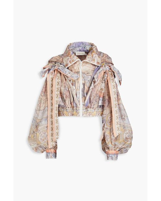 Zimmermann White Bow-detailed Printed Linen And Silk-blend Hooded Jacket