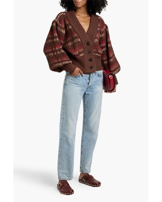 Farm Rio Brown Striped Ribbed-Knit Cardigan