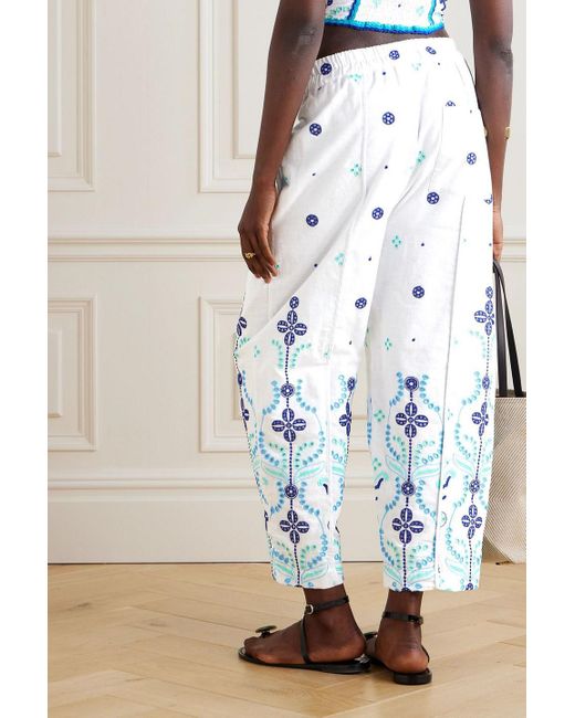 Charo Ruiz Blue Lya Cropped Broderie Anglaise Cotton-blend Wide-leg Pants