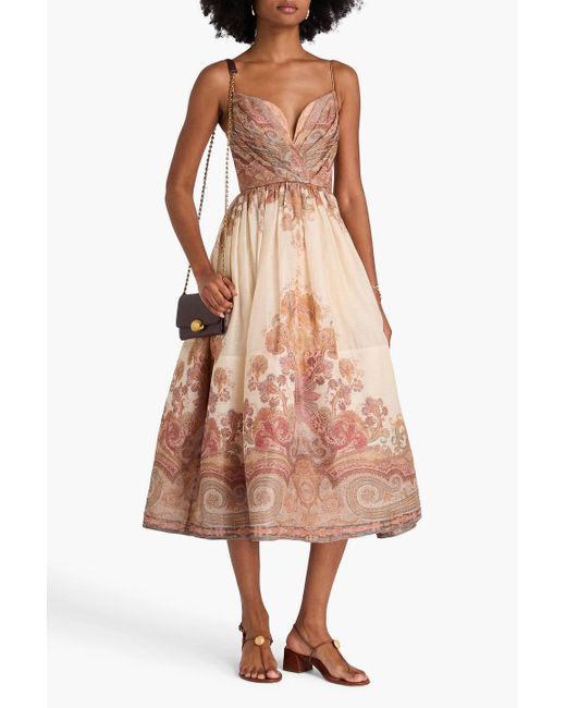 Zimmermann Brown Midikleid aus einer leinen-seidenmischung mit paisley-print und drapierung