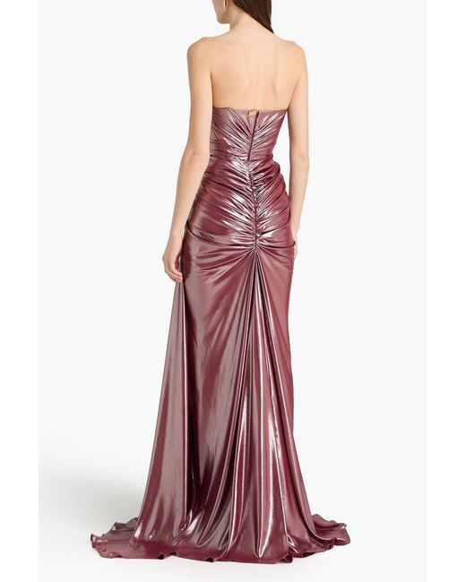 Rhea Costa Red Strapless Draped Lamé Gown
