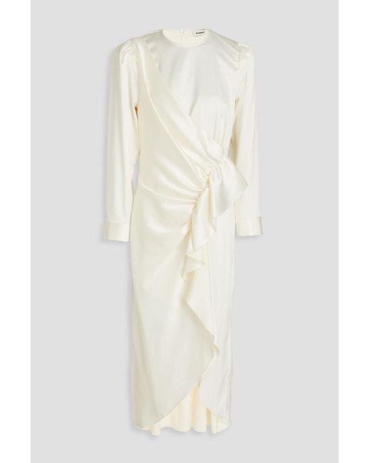 Sandro White Wrap-effect Ruffled Satin Midi Dress