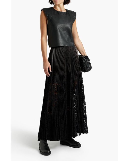 Valentino Garavani Black Pleated Faux Leather And Corded Lace Maxi Skirt