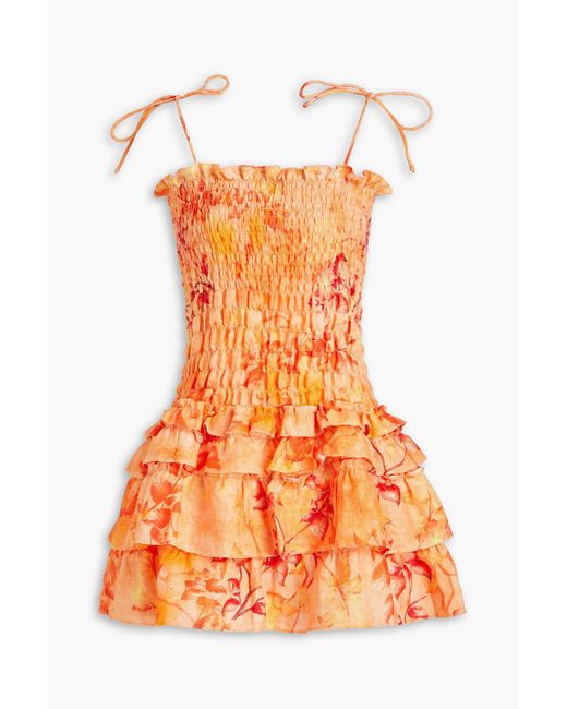 Bambah Orange Shirred Ruffled Floral-print Linen Mini Dress