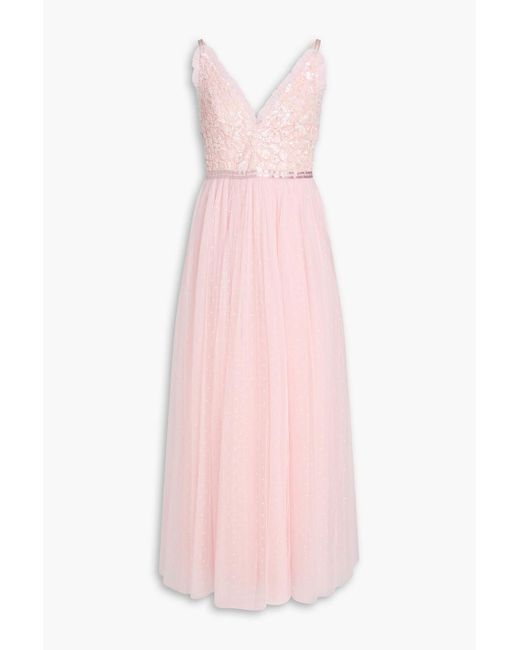 Needle & Thread Pink Amalie Sequin-Embellished Point D'Esprit Gown