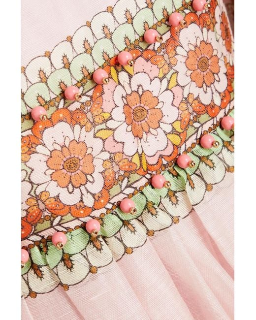 Zimmermann Pink Bead-embellished Printed Linen And Silk-blend Maxi Dress