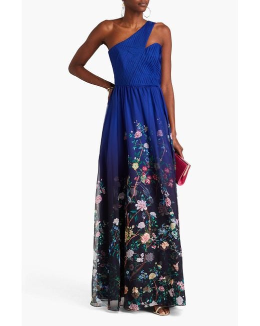 Marchesa Blue One-shoulder Floral-print Chiffon Gown