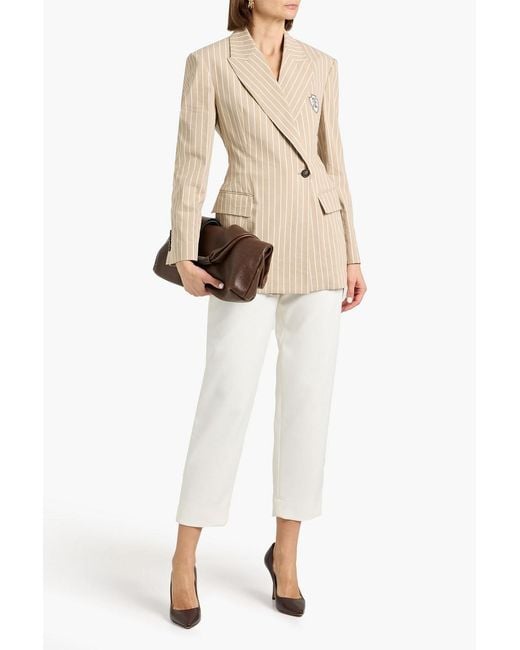 Brunello Cucinelli Natural Double-Breasted Striped Cotton And Silk-Blend Blazer